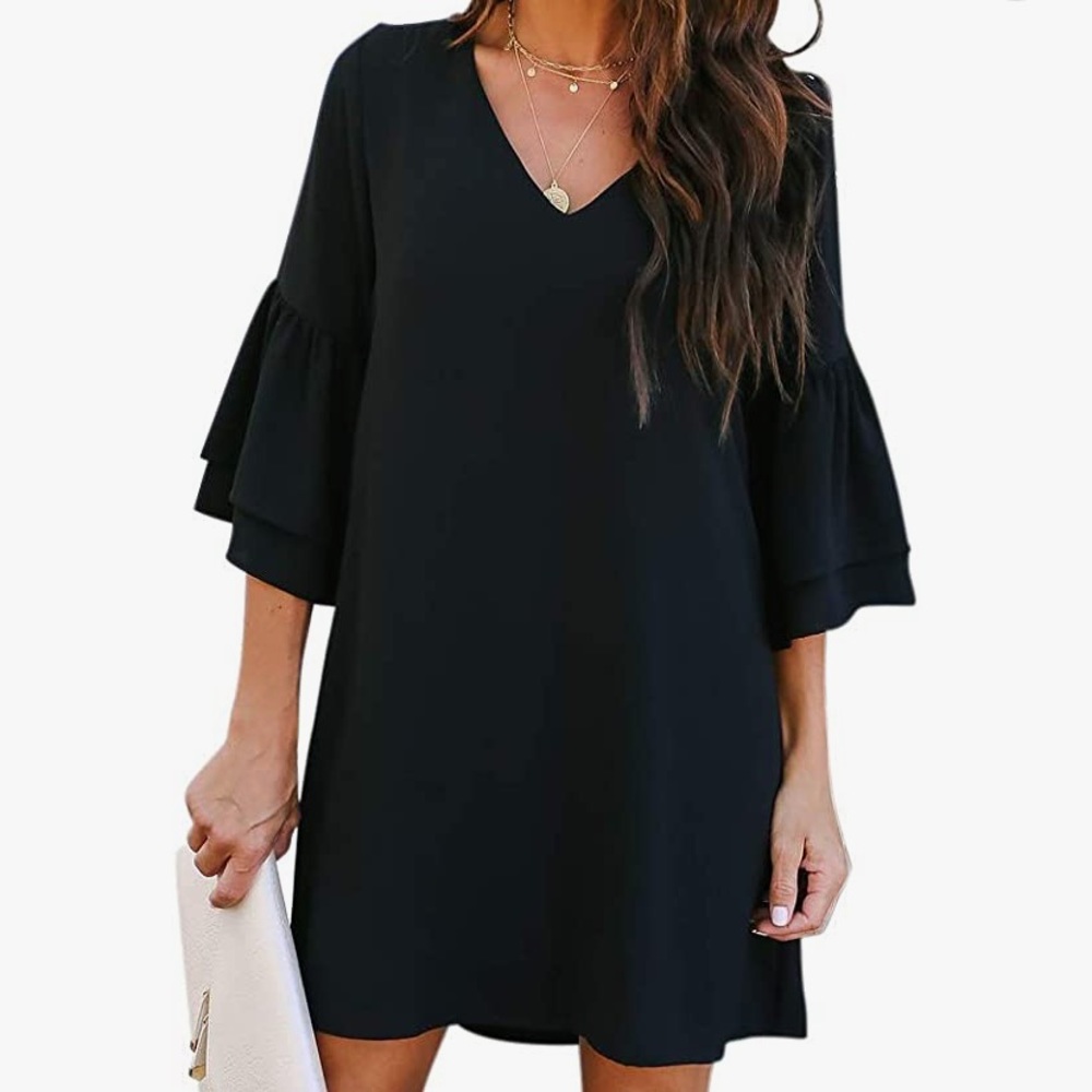 Black Summer Dress Sweet & Cute V-Neck Bell Sleeve Shift Dress Mini Dress